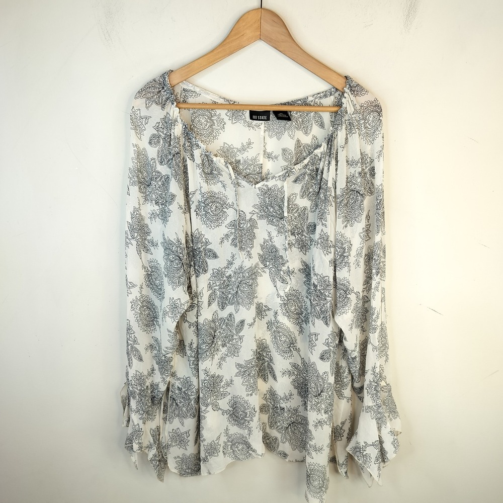111 State Silk Floral Blouse 22W Womens Flare Sleeves Boho Cottagecore White